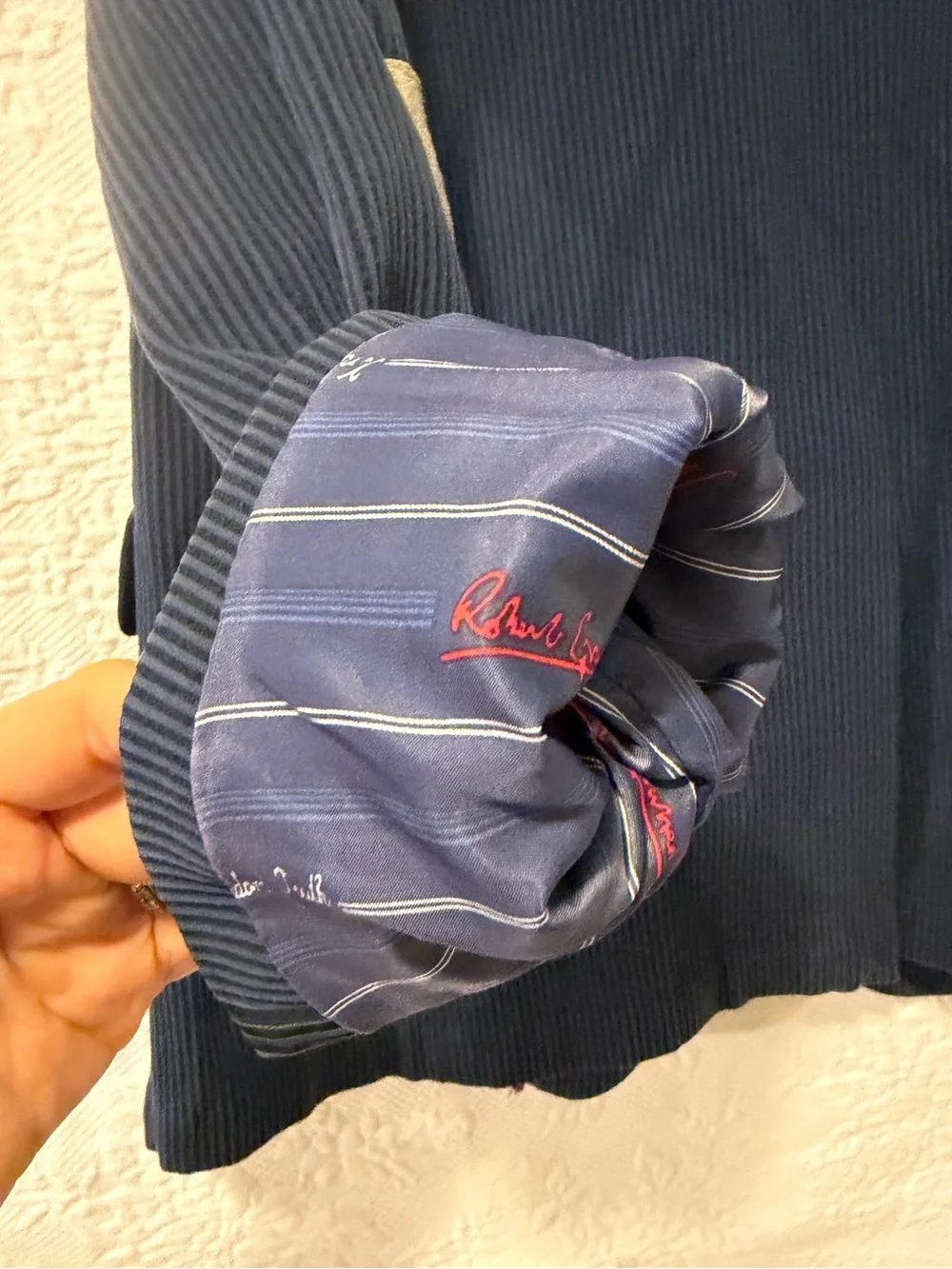 Robert Graham Ribbed Cotton Viscose Sport Coat Navy 2 Btn Elbow Patch Sz 44